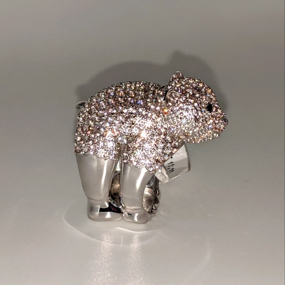White Zircon Gemstone Encrusted Polar Bear 3-D Ring Victoria Wieck
